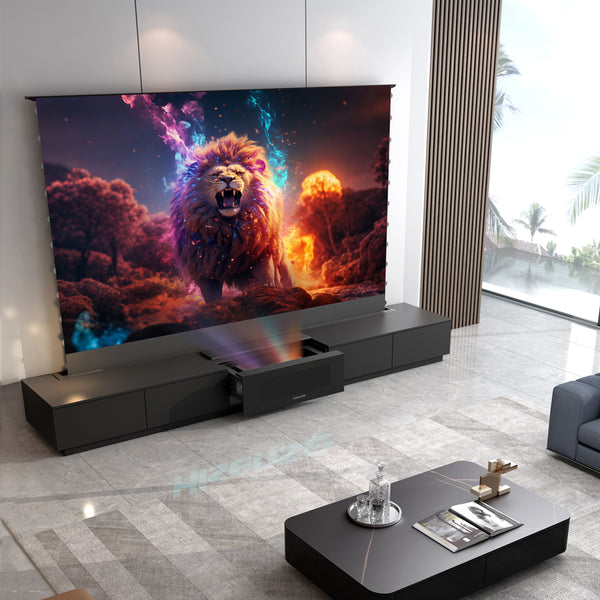 Julycode  100'' 120''Invisible Laser Cinema  for UST Laser Projection  Floor - Rising Screen Laser TV Cabinet