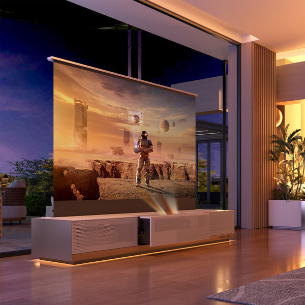 Julycode Invisible Laser Cinema, 4K UHD ALR Motorized Floor - Rising Screen & Laser TV Cabinet for UST Projectors，Metal Sound-transmitting Cabinet Door