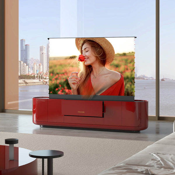 Julycode Motorized Laser TV Cabinet with ALR Motorized Floor-Rising Screen for Ultra-Short Throw (UST) Projectors Smart Sync One-Click Immersion